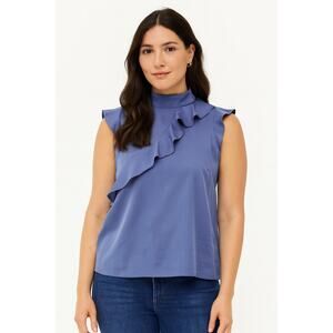 NWOT Chelsea & Theodore Blue Sleeveless Ruffle Front Blouse Women’s Size Large